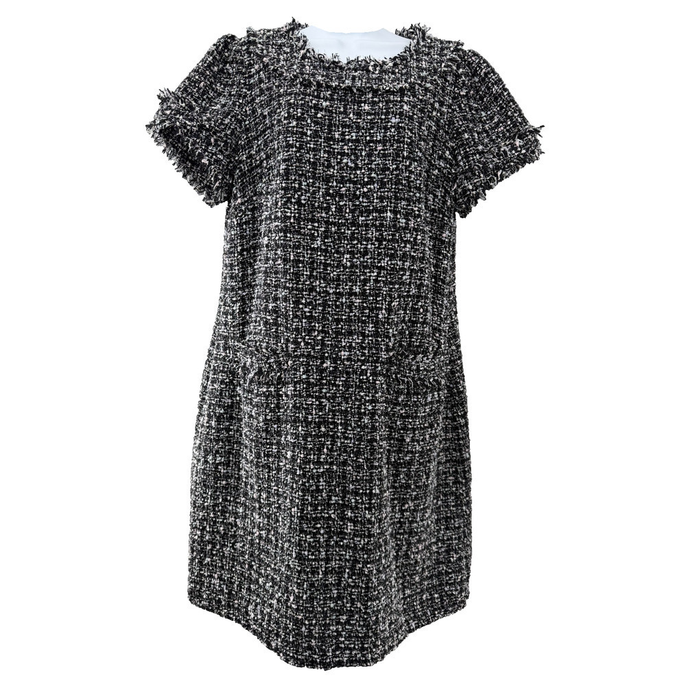 Sail To Sable Black/White Tweed Fringe Shift Dress Size 14 Gold Zip Back Lined